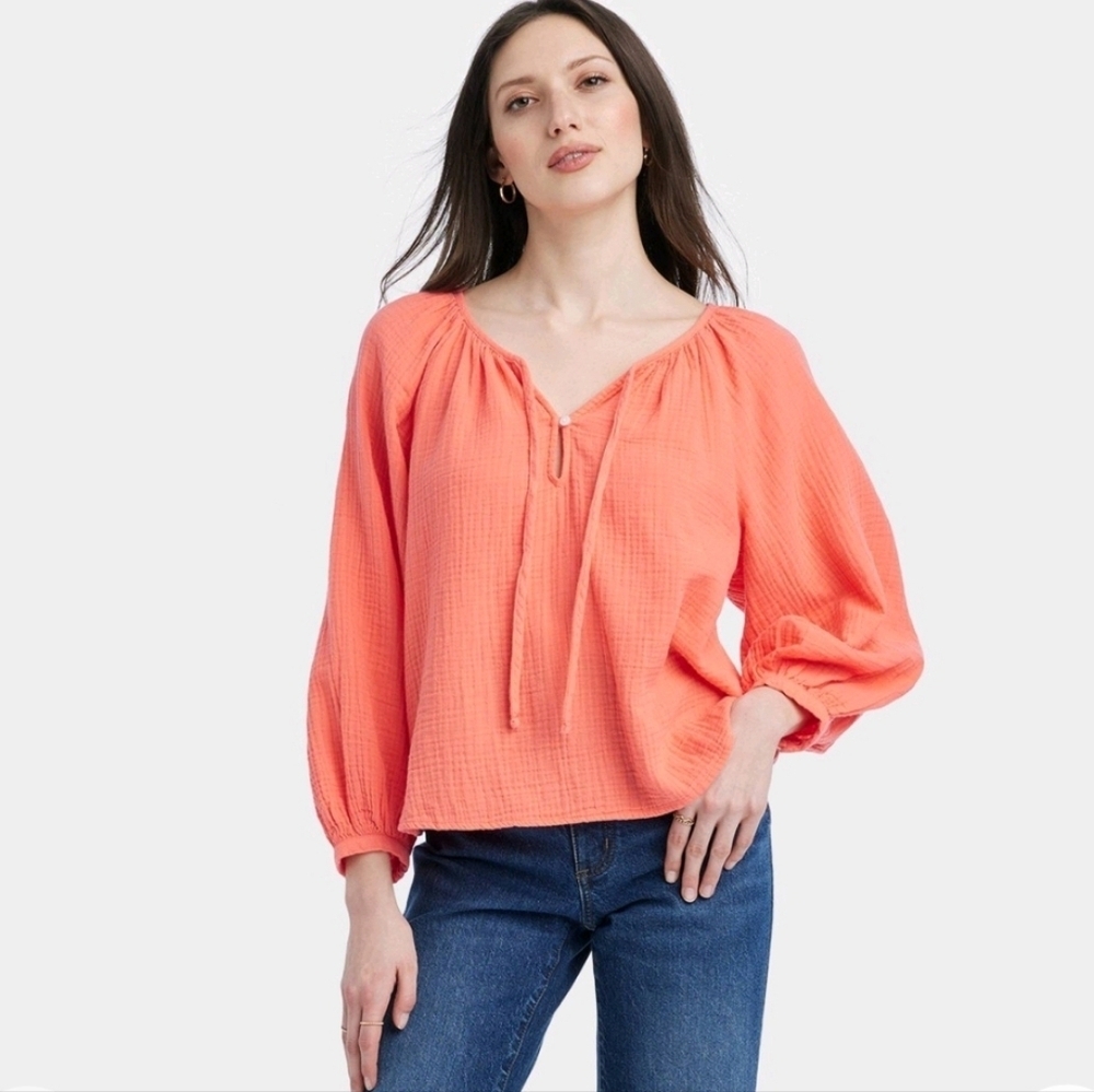 Universal Thread Women's Size XS Balloon Long Sleeve Everyday Blouse Coral Red
